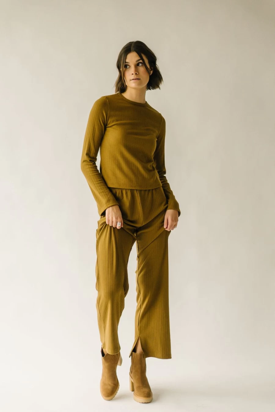 Piper & Scoot Women's Golden Olive Ribbed Straight Leg Pants - High Waisted Trousers for Women
