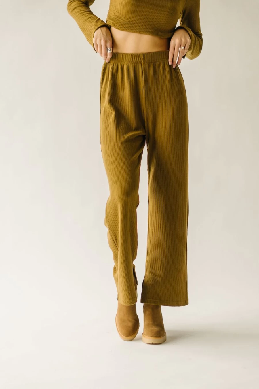 Piper & Scoot Women's Golden Olive Ribbed Straight Leg Pants - High Waisted Trousers for Women