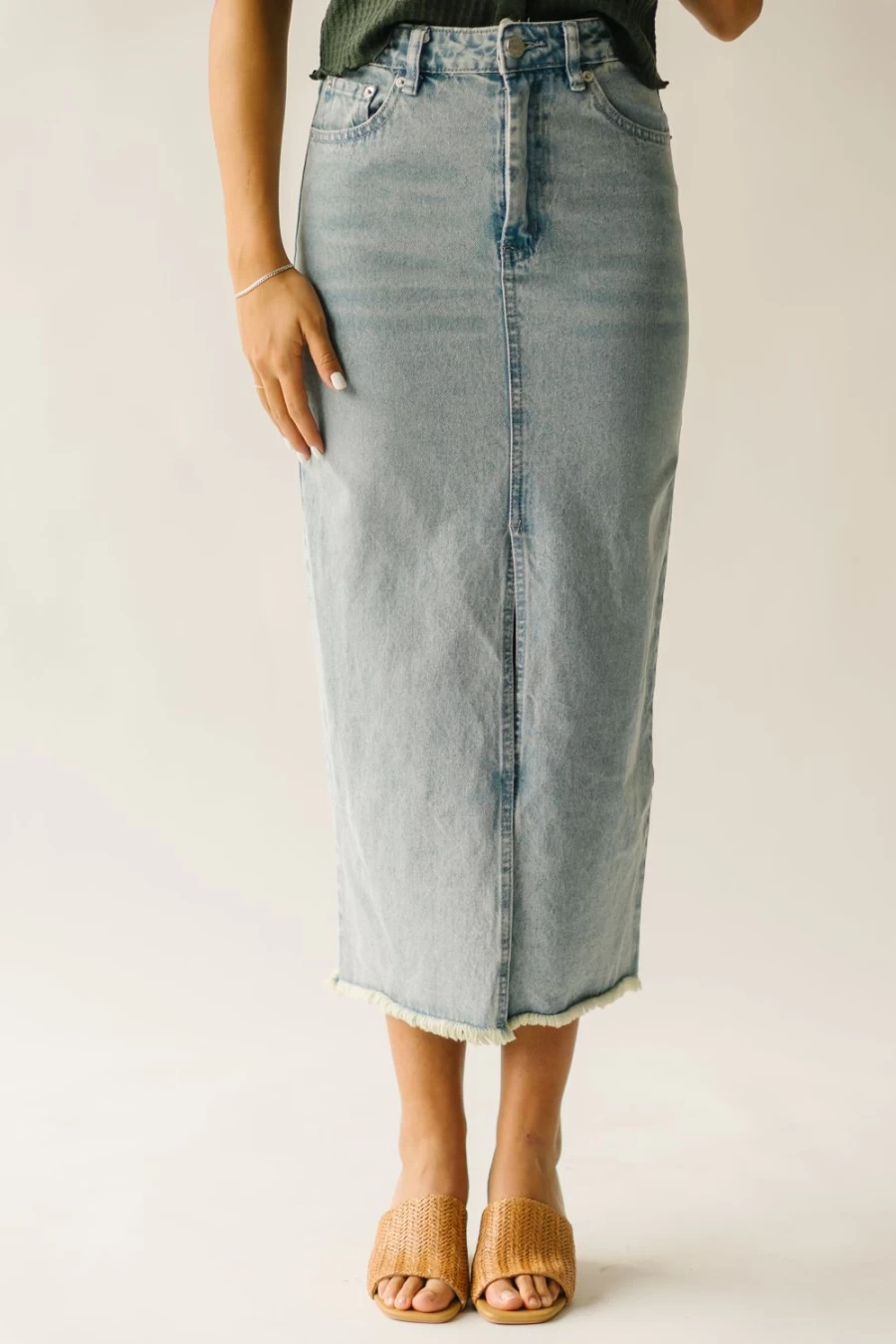 Piper & Scoot Women's Light Blue Kaplan Slit Denim Skirt - High Waist Distressed Denim Skirt for Women